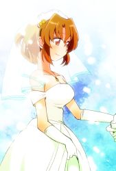 Rule 34 | 1girl, breasts, bridal veil, brown eyes, brown hair, cleavage, dress, elbow gloves, folded ponytail, gloves, hayate no gotoku!, hitaishou chiritori, holding hands, long hair, maria (hayate no gotoku!), solo focus, standing, tanaka rie, veil, voice actor connection, wedding dress