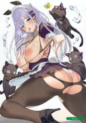Rule 34 | 1girl, absurdres, animal, animal ears, apron, artist name, ass, bare shoulders, bikini, bikini top only, black bikini, black cat, black footwear, black pantyhose, blue eyes, blush, bow, breasts, breasts out, bug, butterfly, cat, covered erect nipples, fake animal ears, fingernails, from behind, hair bow, hair ornament, high heels, highres, insect, large breasts, light purple hair, long hair, looking at viewer, looking back, maid headdress, melonbooks, midriff, momi, nipples, non-web source, open mouth, original, panties, panties under pantyhose, pantyhose, puffy short sleeves, puffy sleeves, purple bow, purple hair, rabbit ears, rabbit tail, scan, shiny clothes, shiny skin, short sleeves, sidelocks, simple background, skindentation, skirt, smile, solo, swimsuit, tail, torn clothes, torn pantyhose, underwear, waist apron, water drop, white background