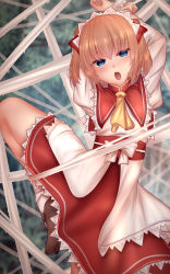 Rule 34 | 1girl, arm up, ascot, blonde hair, blue eyes, bow, brown footwear, capelet, commission, fairy, fairy wings, frilled skirt, frills, highres, looking at viewer, mary janes, obi, open mouth, orange hair, pixiv commission, puffy short sleeves, puffy sleeves, red capelet, red skirt, restrained, revision, sash, shirt, shoes, short hair, short sleeves, shounen (hogehoge), silk, skirt, spider web, sunny milk, sweat, tied up (nonsexual), touhou, white bow, white shirt, wings, yellow ascot