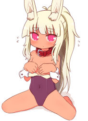 Rule 34 | 1girl, animal ear fluff, animal ears, bare legs, bare shoulders, barefoot, blonde hair, blush, breasts, closed mouth, collar, collarbone, commentary request, covered navel, covering privates, covering breasts, dark-skinned female, dark skin, etrian odyssey, fake animal ears, flying sweatdrops, heart, heart-shaped pupils, highres, leotard, long hair, looking at viewer, masurao (sekaiju), naga u, pink eyes, playboy bunny, ponytail, purple leotard, rabbit ears, red collar, sekaiju no meikyuu, sekaiju no meikyuu 5, shadow, sidelocks, sitting, small breasts, solo, strapless, strapless leotard, symbol-shaped pupils, thick eyebrows, very long hair, wariza, white background, wrist cuffs