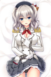 Rule 34 | 1girl, beret, black panties, blue eyes, blush, breasts, clothes lift, dakimakura (medium), epaulettes, frilled sleeves, frills, gloves, grey skirt, hat, highres, jacket, kantai collection, kashima (kancolle), kerchief, lace, lace panties, large breasts, lifted by self, long sleeves, lying, military, military jacket, military uniform, miniskirt, neckerchief, on back, panties, pleated skirt, red neckerchief, sidelocks, silver hair, skirt, skirt lift, solo, sugii tsukasa, twintails, underwear, uniform, wavy hair, white gloves, white jacket