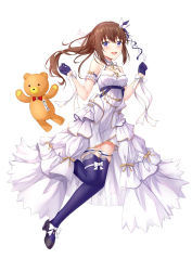 Rule 34 | 1girl, :d, ankimo (tokino sora), arm garter, bare shoulders, black footwear, blue eyes, blue gloves, blue ribbon, blue thighhighs, blush, bow, breasts, brown eyes, brown hair, chest strap, commentary, diamond hair ornament, dress, footwear bow, frilled thighhighs, frills, gloves, hair ornament, hair ribbon, hairclip, half gloves, halter dress, halterneck, high-low skirt, high heels, highres, hololive, long hair, looking at viewer, muwa12, official alternate costume, official alternate hairstyle, open mouth, overskirt, pleated dress, ponytail, ribbon, short dress, simple background, skirt, small breasts, smile, solo, star (symbol), star hair ornament, stuffed animal, stuffed toy, teddy bear, thighhighs, tokino sora, tokino sora (birthday 2022), underbust, virtual youtuber, w arms, white background, white dress, white ribbon, white skirt, wrist ribbon