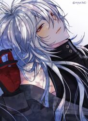 Rule 34 | 1boy, a date with death, absurdres, bare shoulders, bishounen, black gloves, casper (a date with death), gloves, highres, long hair, male focus, mgye510, red eyes, simple background, smile, solo, white background, white hair