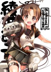 Rule 34 | 10s, 1girl, aiming, aiming at viewer, anchor symbol, ayanami (kancolle), ayanami kai ni (kancolle), blush, brown eyes, brown hair, cannon, clothes lift, holding, holding weapon, kantai collection, long hair, looking at viewer, machinery, n:go, open mouth, outstretched arm, pleated skirt, sailor collar, school uniform, searchlight, serafuku, shirt lift, short sleeves, side ponytail, skirt, smile, solo, turret, twitter username, very long hair, weapon