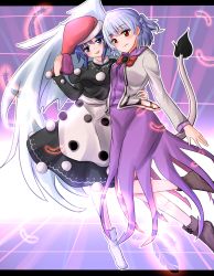 Rule 34 | 2girls, blob, blue eyes, blue hair, blush, braid, doremy sweet, dream soul, dress, feathered wings, french braid, full body, hat, highres, jacket, juliet sleeves, kishin sagume, long sleeves, looking at viewer, multicolored clothes, multicolored dress, multiple girls, nightcap, open clothes, open jacket, oshiaki, pom pom (clothes), puffy sleeves, purple dress, red eyes, short hair, silver hair, single wing, smile, tail, tapir tail, touhou, white wings, wings