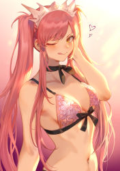 Rule 34 | 1girl, bare shoulders, blush, bra, breasts, choker, cleavage, collarbone, fate/grand order, fate (series), gradient background, highres, licking lips, light rays, long hair, looking at viewer, mashuu (neko no oyashiro), medb (fate), medb (swimsuit saber) (fate), medb (swimsuit saber) (second ascension) (fate), medium breasts, navel, one eye closed, pink bra, pink hair, sidelocks, smile, solo, swept bangs, tiara, tongue, tongue out, twintails, underwear, underwear only, yellow eyes
