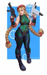 Rule 34 | 1girl, boots, braid, breasts, cammy white, camouflage, camouflage legwear, capcom, combat boots, dual wielding, entheighth, fingerless gloves, fortnite, gloves, gun, highres, holding, leggings, leotard, lips, long hair, medium breasts, nail polish, scar, scar on face, scrunchie, solo, street fighter, submachine gun, twin braids, very long hair, weapon