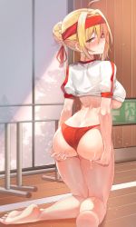 Rule 34 | 1girl, ahoge, ass, ass grab, back, barefoot, blonde hair, blush, braid, braided bun, breasts, buruma, butt crack, closed mouth, clothes lift, commentary request, fate/extra, fate (series), feet, from behind, grabbing own ass, green eyes, gym, gym uniform, hair bun, hair intakes, headband, highres, indoors, k pring, kneeling, large breasts, light particles, looking at viewer, looking back, nero claudius (fate), nero claudius (fate) (all), nero claudius (fate/extra), official alternate costume, shirt, shirt lift, short sleeves, sidelocks, single hair bun, solo, sweat, thick thighs, thighs, white shirt, wide hips