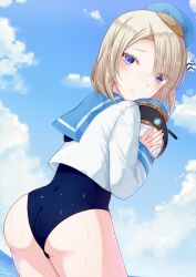 Rule 34 | 1boy, artist request, ass, blonde hair, blue eyes, blush, embarrassed, freminet (genshin impact), from behind, genshin impact, hat, highres, leaning, leaning forward, looking at viewer, looking back, one-piece swimsuit, sailor collar, sailor shirt, shirt, short hair, solo, swimsuit, swimsuit under clothes, trap, water, wet, wet clothes