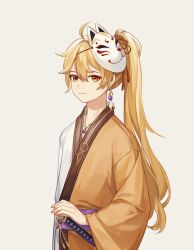 Rule 34 | 1boy, absurdres, aether (genshin impact), ahoge, blonde hair, cat mask, closed mouth, earrings, ganbei401, genshin impact, hair between eyes, highres, japanese clothes, jewelry, long hair, long sleeves, mask, miko, ponytail, single earring, sword, weapon, yellow eyes