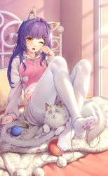 Rule 34 | 1girl, absurdres, animal ears, bedroom, cat, cat ears, cat tail, crazy ones, fake animal ears, fake tail, fang, highres, hood, hooded jacket, jacket, long hair, multicolored clothes, multicolored jacket, official art, on bed, one eye closed, open mouth, pantyhose, pillow, pink jacket, purple hair, qianye zhizi, sitting, sunlight, tail, white jacket, white pantyhose, window, yellow eyes