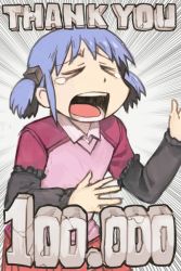 Rule 34 | 1girl, blue hair, closed eyes, collared shirt, cube hair ornament, english text, frills, hair ornament, hands up, hungry clicker, long sleeves, milestone celebration, naganohara mio, nichijou, open mouth, pink shirt, shirt, short twintails, solo, tears, teeth, thank you, twintails, upper body