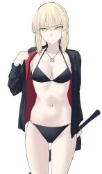 1girl absurdres alternate_costume artoria_pendragon_(all) artoria_pendragon_(fate) bikini black_bikini blonde_hair breasts collarbone cow fate/grand_order fate_(series) highres holding holding_sword holding_weapon jewelry medium_breasts medium_hair navel necklace okuma707 saber_alter saber_alter_(ver._shinjuku_1999)_(fate) simple_background solo stomach swimsuit sword thighs weapon white_background