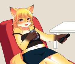 Rule 34 | 1girl, animal ears, blonde hair, body fur, brown eyes, can, controller, drink can, female focus, fox, fox ears, fox tail, furry, furry female, holding, holding remote control, long hair, partially colored, remote control, sakichi (pixiv107180), simple background, sitting, skirt, soda can, solo, tail