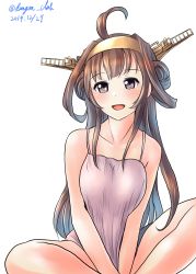 Rule 34 | 1girl, :d, absurdres, ahoge, blush, breasts, breasts squeezed together, brown hair, dangan kurabu, dated, double bun, hair bun, hairband, headgear, highres, kantai collection, kongou (kancolle), kongou kai ni (kancolle), long hair, looking at viewer, open mouth, own hands together, purple eyes, simple background, sitting, smile, solo, twitter username, white background