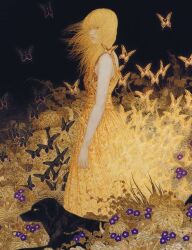 Rule 34 | 1girl, black background, black butterfly, black dog, blonde hair, bug, butterfly, dress, expressionless, flower, full body, grass, highres, insect, leaf, long hair, looking at viewer, morning glory, original, plant, print dress, purple flower, sasamoto masaaki, sleeveless, sleeveless dress, solo, standing, vines, yellow butterfly, yellow dress, yellow theme
