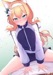 Rule 34 | 1girl, animal ear fluff, animal ears, arm support, black jacket, black shorts, blue archive, blue eyes, blush, closed mouth, commentary request, flower, gmkj, gym shorts, hair between eyes, hair flower, hair ornament, headband, highres, jacket, long hair, long sleeves, looking at viewer, low ponytail, mari (blue archive), mari (track) (blue archive), orange hair, ponytail, short shorts, shorts, smile, solo, straddling, track jacket, very long hair, white flower, white headband
