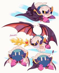 Rule 34 | !, armor, armored boots, artist name, black cape, black wings, blue background, blush, blush stickers, boots, cape, closed mouth, commentary request, expressionless, fighting stance, frown, galaxia (sword), gloves, highres, holding, holding sword, holding weapon, kirby (series), looking at viewer, mask, meta knight, multiple views, nintendo, pauldrons, purple footwear, shoulder armor, simple background, spiked wings, spikes, standing, sword, tokuura, twitter username, v-shaped eyebrows, weapon, white background, white eyes, white gloves, wings, yellow eyes