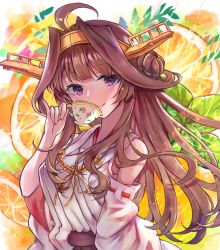 Rule 34 | 1girl, ahoge, breasts, brown hair, cup, detached sleeves, double bun, hair bun, hairband, headgear, highres, holding, holding cup, japanese clothes, kantai collection, kongou (kancolle), kongou kai ni (kancolle), long hair, medium breasts, nontraditional miko, purple eyes, ribbon-trimmed sleeves, ribbon trim, solo, teacup, upper body, wide sleeves, womisoba