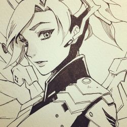 Rule 34 | 1girl, greyscale, halo, highres, mechanical halo, mechanical wings, mercy (overwatch), monochrome, overwatch, overwatch 1, ponytail, portrait, sao (saowee), solo, traditional media, wings