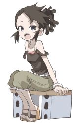 Rule 34 | 1girl, :o, absurdres, arm support, bangle, belt, black hair, black tank top, blue eyes, bracelet, breasts, brown footwear, camisole, collarbone, copyright request, fingernails, forehead, full body, green shorts, dreadlocks, highres, jewelry, looking at viewer, open mouth, pink camisole, platform clogs, platform footwear, platform heels, shorts, sidelocks, sitting, small breasts, solo, strap slip, tank top, teeth, toenails, upper teeth only, white background, white belt, yamamoto souichirou