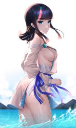 Rule 34 | 1girl, ass, backlighting, bare shoulders, black hair, blue eyes, blue ribbon, blunt bangs, blush, breasts, closed mouth, dress, fate/grand order, fate/requiem, fate (series), helloimtea, highres, jewelry, large breasts, long sleeves, looking at viewer, magatama, magatama hair ornament, medium hair, mountainous horizon, multicolored hair, necklace, ocean, pelvic curtain, pink hair, puffy long sleeves, puffy sleeves, ribbon, seigaiha, short dress, sideboob, sideless outfit, solo, streaked hair, thighs, utsumi erice, wading, wet, white dress