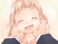 Rule 34 | 1boy, 1girl, :d, blonde hair, blush, cheek squash, child, closed eyes, ham (points), hands on another&#039;s face, happy, ichihara nina, idolmaster, idolmaster cinderella girls, open mouth, portrait, smile, solo focus