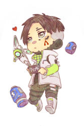 Rule 34 | 1boy, animification, apex legends, bakureto~u onigiri, black eyes, black hair, black pants, boots, cellphone, character name, chibi, crypto (apex legends), drone, hack (apex legends), heart, highres, holding, holding phone, jacket, looking up, male focus, pants, parted hair, phone, smartphone, solo, undercut, white background, white footwear, white jacket