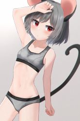 Rule 34 | 1girl, animal ears, breasts, buruma, chromatic aberration, closed mouth, cowboy shot, dakuazu, gradient background, grey background, grey buruma, grey hair, groin, highres, looking at viewer, mouse ears, mouse girl, navel, nazrin, red eyes, short hair, small breasts, solo, standing, tail, touhou, underwear, underwear only