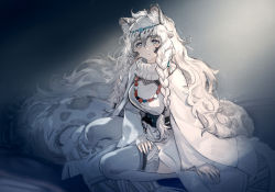 Rule 34 | 1girl, ahoge, animal ear fluff, animal ears, arknights, blush, braid, breasts, cape, closed mouth, dress, full body, gradient background, grey background, grey thighhighs, jewelry, large breasts, leopard ears, leopard girl, leopard tail, long hair, long sleeves, looking at viewer, necklace, pramanix (arknights), ryuuzaki ichi, silver hair, sitting, smile, solo, tail, thighhighs, turtleneck, turtleneck dress, twin braids, very long hair, white cape, white dress