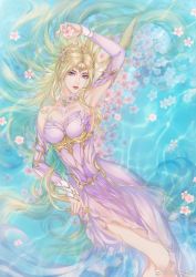 Rule 34 | 1girl, armor, armored dress, blonde hair, douluo dalu, dress, flower, hair ornament, highres, long hair, looking at viewer, lying, on back, qian renxue (douluo dalu), qian renxue zhuye, water, weibo logo, weibo watermark, white dress