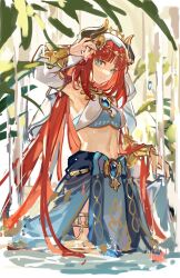 Rule 34 | 1girl, absurdres, bare shoulders, blue eyes, blue skirt, brooch, commentary request, crop top, fake horns, genshin impact, highres, horns, jewelry, long hair, looking at viewer, mento, midriff, navel, nilou (genshin impact), red hair, skirt, smile, solo, standing, stomach, thighlet, veil, very long hair, wading, water
