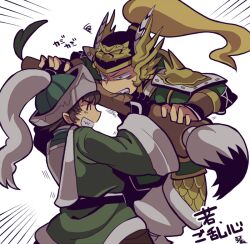 Rule 34 | 2boys, armor, biting, blonde hair, brown hair, calligraphy brush, chinese armor, chinese clothes, emphasis lines, fighting, green hat, grin, hat, helmet, kotorai, long hair, long sleeves, ma chao, ma dai, male focus, multiple boys, nervous, oversized object, paintbrush, shin sangoku musou, smile, squiggle, sweatdrop, translation request, white background, wide sleeves