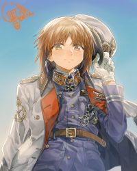 Rule 34 | 1girl, alternate costume, artist logo, artist name, award ribbon, bad id, bad twitter id, belt, blue background, blue jacket, brown belt, brown eyes, brown hair, closed mouth, coat, commentary request, cross, epaulettes, german clothes, girls und panzer, gloves, gradient background, grey coat, grey hat, hat, holding, insignia, iron cross, jacket, jacket on shoulders, light smile, long sleeves, looking at viewer, military, military hat, military uniform, nishizumi miho, partial commentary, peaked cap, short hair, signature, solo, standing, uniform, unworn headwear, upper body, veerinly, white gloves
