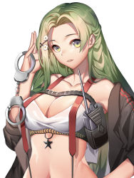 Rule 34 | 1girl, absurdres, bare shoulders, black jacket, breasts, bustier, chest strap, cleavage, collarbone, cuffs, flower, fp-6 (girls&#039; frontline), girls&#039; frontline, green hair, hair flower, hair ornament, hand on own hip, henz, highres, jacket, large breasts, long hair, looking at viewer, midriff, navel, off shoulder, open clothes, open jacket, parted lips, simple background, solo, star (symbol), suspenders, very long hair, walkie-talkie, white background, x hair ornament, yellow eyes