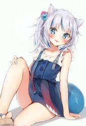 Rule 34 | 1girl, :p, animal ears, bare arms, bare legs, bare shoulders, blue dress, blue eyes, blush, cat ears, closed mouth, collarbone, cube hair ornament, dress, gawr gura, gawr gura (casual), hair ornament, highres, hololive, hololive english, knee up, looking at viewer, sandals, seboneko, shirt, short hair, short ponytail, side ponytail, simple background, sitting, sleeveless, sleeveless dress, sleeveless shirt, solo, tail, tongue, tongue out, virtual youtuber, white background, white shirt