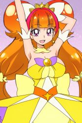 Rule 34 | 1girl, :d, amanogawa kirara, arm up, bare shoulders, breasts, choker, cleavage, cure twinkle, cure twinkle (mode elegant), earrings, female focus, go! princess precure, jewelry, large breasts, looking at viewer, magical girl, multicolored hair, oimanji, open mouth, orange hair, pink hair, precure, purple eyes, smile, solo, star (symbol), star earrings, twintails, two-tone hair