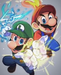 Rule 34 | 2boys, blue eyes, blue overalls, brothers, brown hair, clenched hand, electricity, facial hair, fire, gloves, green headwear, green shirt, hat, highres, hiyashimeso, looking at viewer, luigi, male focus, mario, mario &amp; luigi: superstar saga, mario &amp; luigi rpg, mario (series), multiple boys, mustache, nintendo, open mouth, overalls, red headwear, red shirt, shirt, siblings, simple background, teeth, white gloves