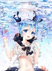 Rule 34 | 1girl, air bubble, bad id, bad pixiv id, blouse, blue eyes, blue hair, blush, bottle miku, breasts, bubble, clothes lift, hair between eyes, hands up, hatsune miku, liby (libtnvd), liquid hair, long hair, looking at viewer, medium breasts, midriff, navel, open mouth, school uniform, serafuku, shirt, shirt lift, short sleeves, smile, solo, teeth, twintails, underwater, upper body, vocaloid, white shirt