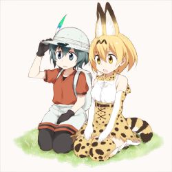 Rule 34 | 10s, 2girls, animal ears, backpack, bag, cat ears, cat tail, elbow gloves, feathers, gloves, grass, hand on headwear, hat, kaban (kemono friends), kemono friends, kneeling, multiple girls, seiza, serval (kemono friends), serval print, serval tail, shigino sohuzi, short hair, shorts, sitting, tail, thighhighs