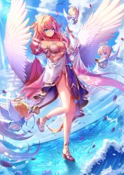 Rule 34 | 1girl, absurdres, ahoge, angel, bare shoulders, bird, blue eyes, blue sky, blush, breasts, cleavage, cloud, criss-cross halter, day, dress, eile (esspril), flower, hair ornament, halterneck, harp, highres, holding, holding instrument, instrument, jewelry, king&#039;s raid, long hair, looking at viewer, low twintails, low wings, medium breasts, outdoors, pelvic curtain, pink hair, shea (king&#039;s raid), sky, splashing, standing, standing on liquid, standing on one leg, twintails, very long hair, white dress, wings