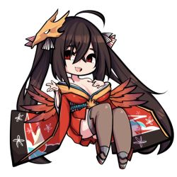 Rule 34 | 1girl, ahoge, azur lane, bare shoulders, black hair, black thighhighs, breast suppress, breasts, chibi, collarbone, dress, full body, hair between eyes, large breasts, long hair, looking at viewer, open mouth, red dress, red eyes, simple background, smile, solo, sugoidere, taihou (azur lane), teeth, thighhighs, transparent background, twintails, upper teeth only, very long hair, white background, yandere