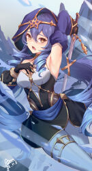 Rule 34 | 1girl, absurdres, arm up, armpits, bare shoulders, black gloves, black skirt, blue hair, blue hood, blue sleeves, blush, chiyo akira, claw ring, colored tips, covered collarbone, cowboy shot, crossed legs, dated, drill hair, drill sidelocks, from side, genshin impact, gloves, gold choker, hair between eyes, hand on own chest, highres, holding, holding sword, holding weapon, hood, hood up, jewelry, layla (genshin impact), long sleeves, looking at viewer, lower teeth only, mountain, multicolored hair, neck ring, open mouth, outdoors, pantyhose, puffy long sleeves, puffy sleeves, ringlets, sidelocks, signature, skirt, snow, solo, sword, teeth, thighlet, twin drills, watson cross, weapon, white pantyhose, yellow eyes