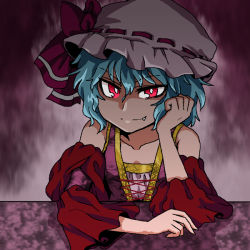 Rule 34 | 1girl, alternate costume, arm rest, aura, bad id, bad pixiv id, blue hair, bow, collarbone, dark, dress, fang, fang out, hand on own face, hat, hat bow, looking at viewer, mob cap, oar (artist), pov, purple dress, red eyes, remilia scarlet, shaded face, short hair, smile, solo, table, touhou