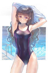 Rule 34 | 1girl, arms up, bad id, bad pixiv id, blunt bangs, breasts, brown hair, competition swimsuit, contrapposto, cowboy shot, gluteal fold, highres, idolmaster, idolmaster cinderella girls, kamiya nao, long hair, looking at viewer, medium breasts, one-piece swimsuit, pool, pool ladder, purple eyes, roki (0214278), shirt, solo, standing, swimsuit, undressing, wavy hair, white shirt
