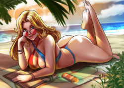 Rule 34 | 1girl, ass, beach, beach towel, blanka, blanka-chan, blonde hair, blue eyes, blue nails, blue one-piece swimsuit, book, bracelet, breasts, cleavage, cloud, cloudy sky, eyebrows, feet, fingernails, highres, jewelry, kolin, large breasts, lips, long hair, looking at viewer, lotion, lying, multicolored clothes, multicolored swimsuit, nail polish, ocean, on stomach, one-piece swimsuit, parted lips, rankgo, red nails, red one-piece swimsuit, sand, sky, solo, street fighter, street fighter v, sunglasses, sunscreen, sunset, swimsuit, thick lips, thighs, towel, water