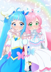 Rule 34 | 2girls, :o, absurdres, ahoge, akizora (aki precure), ascot, blue dress, blue eyes, blue hair, blush, bow, braid, brooch, closed mouth, cure prism, cure sky, detached sleeves, dress, dress bow, earrings, elbow gloves, fingerless gloves, gloves, green eyes, hair bow, highres, hirogaru sky! precure, holding hands, jewelry, long hair, looking at viewer, magical girl, multicolored hair, multiple girls, nijigaoka mashiro, open mouth, pink hair, precure, print scarf, puffy detached sleeves, puffy sleeves, rainbow background, scarf, shared clothes, shared scarf, side-by-side, side braid, single earring, single sidelock, sleeveless, sleeveless dress, smile, snowflake print, sora harewataru, star (symbol), starry background, streaked hair, twin braids, twintails, two-tone hair, very long hair, white ascot, white bow, white dress, white gloves, wing hair ornament