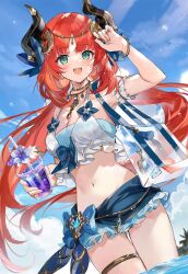 Rule 34 | 1girl, :d, alternate costume, blue bow, blue gemstone, blush, bow, breasts, brooch, circlet, commentary request, crop top, cup, day, disposable cup, drink, fake horns, flower, gem, genshin impact, highres, holding, holding drink, horns, jewelry, long hair, medium breasts, midriff, navel, necklace, nilou (genshin impact), ocean, open mouth, partially submerged, red hair, skirt, smile, solo, soraneko hino, stomach, summer, thighlet, twintails