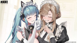 Rule 34 | 2girls, absurdres, ade (nikke), animal ears, apron, aqua hair, asymmetrical docking, black dress, black ribbon, blonde hair, braid, breast press, breasts, cat ears, character name, closed eyes, commentary, copyright name, cropped, crying, dress, elbow gloves, frilled apron, frills, glasses, gloves, goddess of victory: nikke, grin, hair ribbon, hand up, highres, holding, holding removed eyewear, huge breasts, juliet sleeves, long hair, long sleeves, maid headdress, multiple girls, name tag, official art, parted bangs, paw print, privaty (nikke), privaty (unkind maid) (nikke), puffy sleeves, ribbon, smile, swept bangs, tears, twintails, unworn eyewear, veins, veiny breasts, watermark, white apron, white gloves