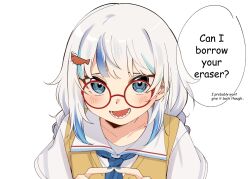 Rule 34 | 1girl, bespectacled, blue eyes, blue hair, blue nails, blue neckerchief, blush, braid, brown sweater vest, commentary, ebi-chan (gawr gura), english commentary, english text, fingernails, gawr gura, gawr gura (school uniform), glasses, hair ornament, highres, hololive, hololive english, index fingers together, long hair, looking at viewer, low twin braids, lower teeth only, mittsu, multicolored hair, nail polish, neckerchief, official alternate costume, open mouth, portrait, red-framed eyewear, round eyewear, sailor collar, school uniform, sharp teeth, shirt, short sleeves, sidelocks, simple background, smile, solo, speech bubble, streaked hair, sweater vest, teeth, tongue, twin braids, two-tone hair, virtual youtuber, white background, white hair, white sailor collar, white shirt